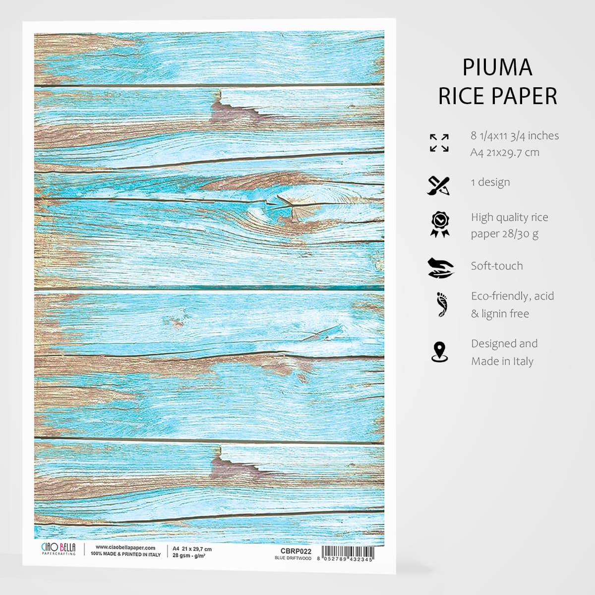 Piuma A4 Decoupage Paper - Blue Driftwood - CBRP022
