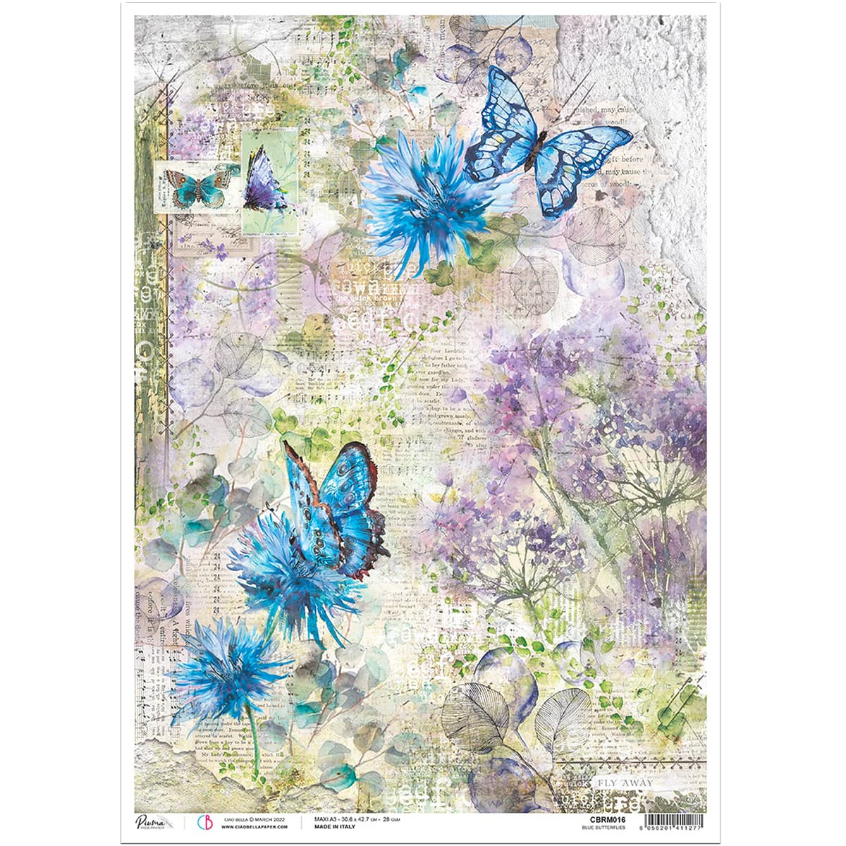 Piuma A3 Decoupage Paper - Blue Butterflies - CBRM016