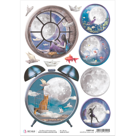 Piuma A4 Decoupage Paper - Moon Alarm Clock - CBRP140