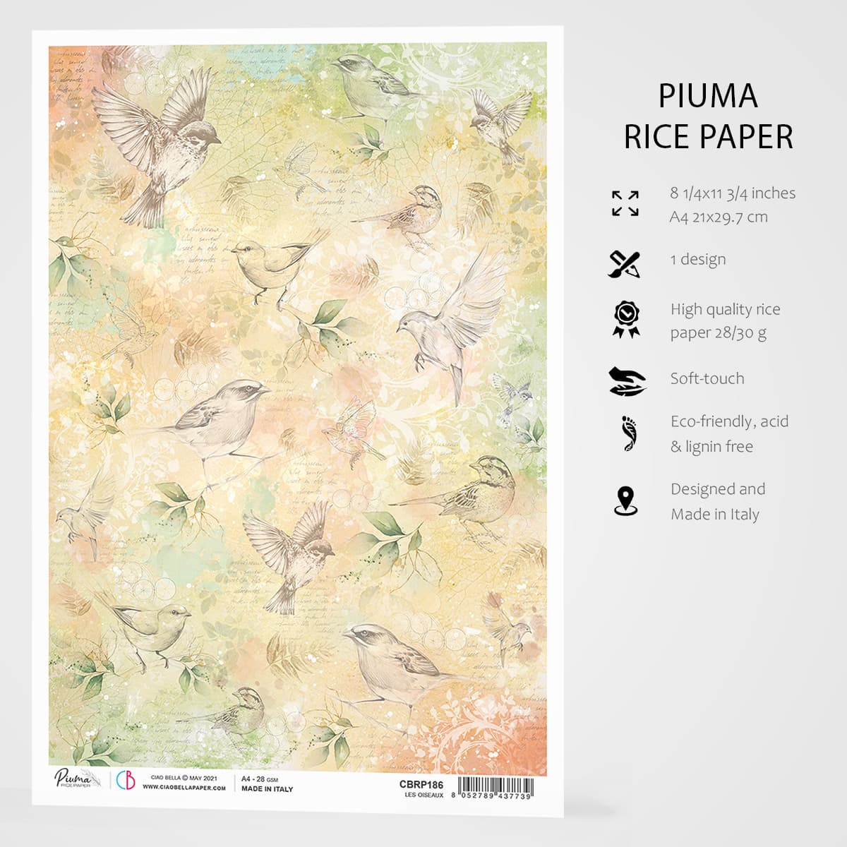 Декупажна хартия Piuma A4 - Les Oiseaux - CBRP186