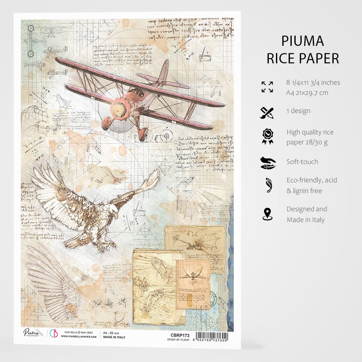 Декупажна хартия Piuma A4 - Study of Flight - CBRP0173