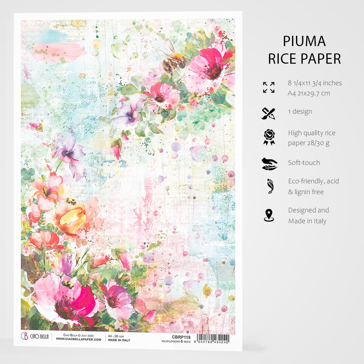 Piuma A4 хартия за декупаж - диви цветя и пчели - CBRP118
