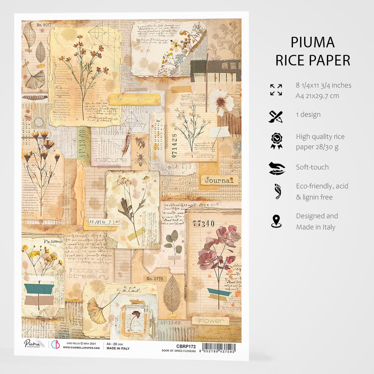 Piuma A4 Decoupage Paper - Book of Dried Flowers - CBRP0171