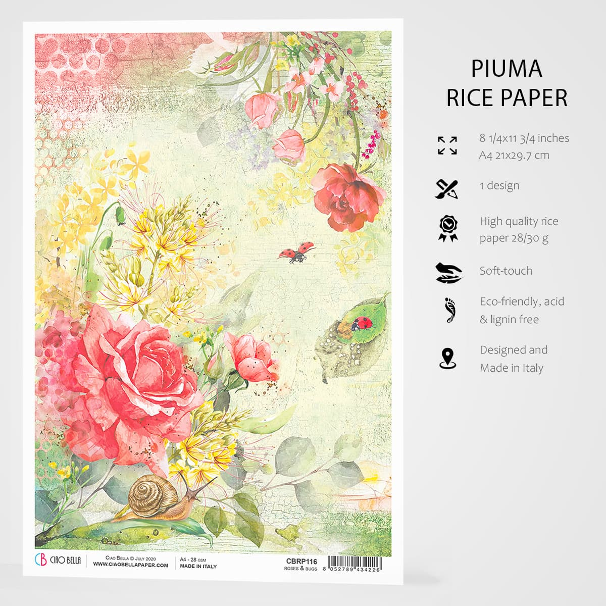 Декупажна хартия Piuma A3 - Рози и буболечки - CBRM012