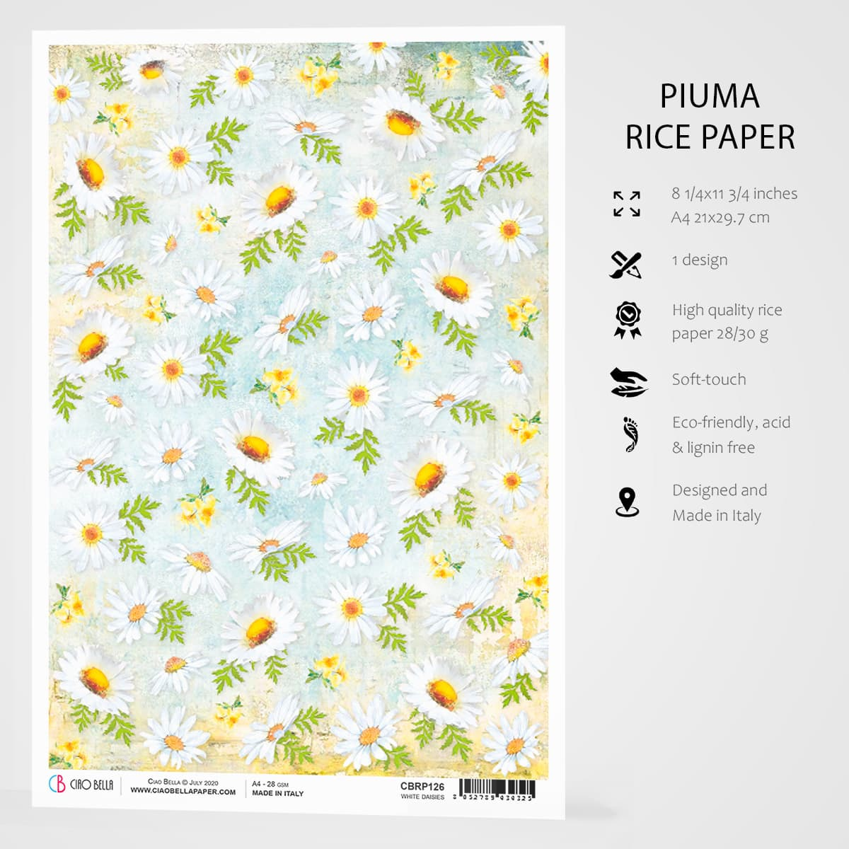Piuma A4 Decoupage Paper - White Daisies - CBRP126